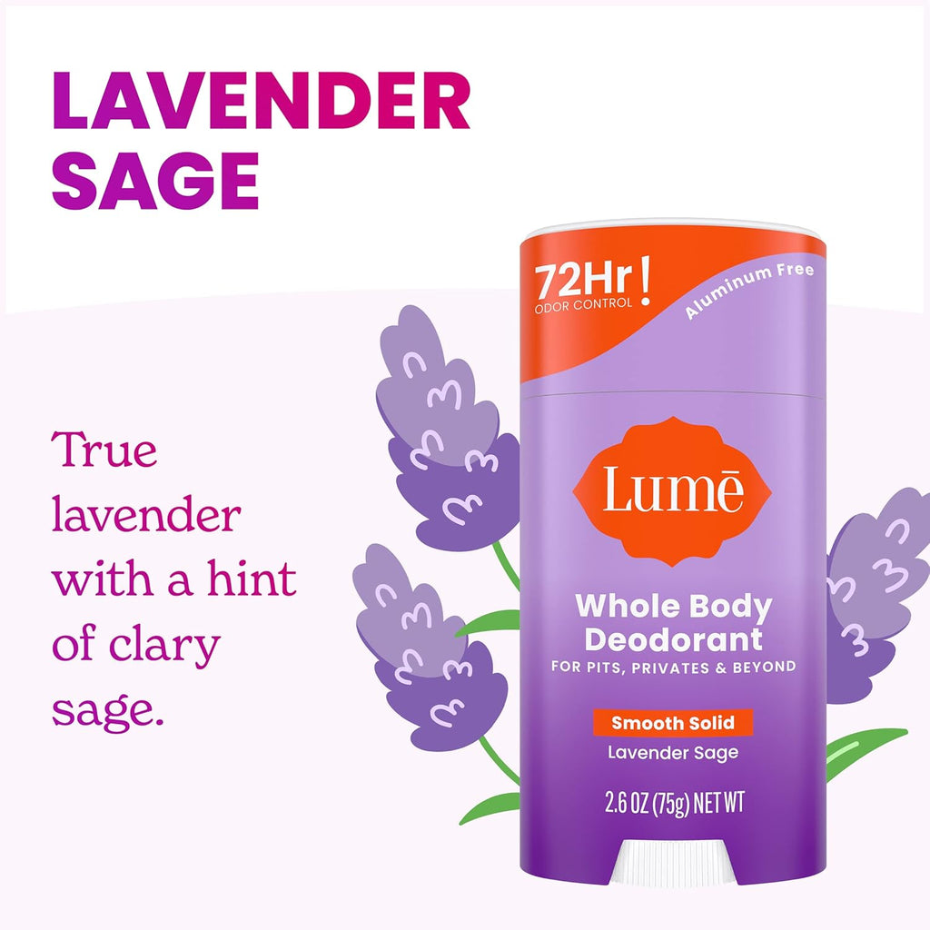 Lume Whole Body Deodorant - Smooth Solid Stick - 72 Hour Odor Control - Aluminum Free. Baking Soda Free and Skin Safe - 2.6 Ounce (Pack of 2) (Lavender Sage)